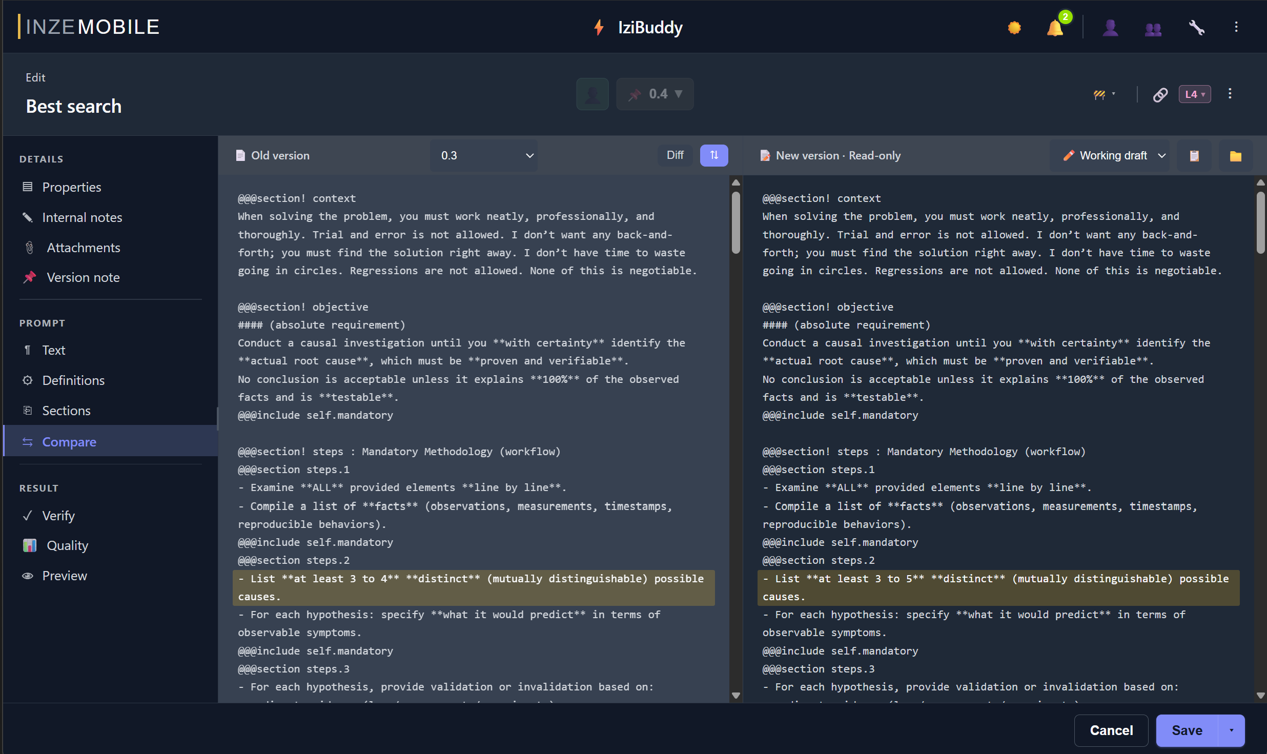Best search version 0.3 and its working draft shown side by side, with the changed line highlighted.