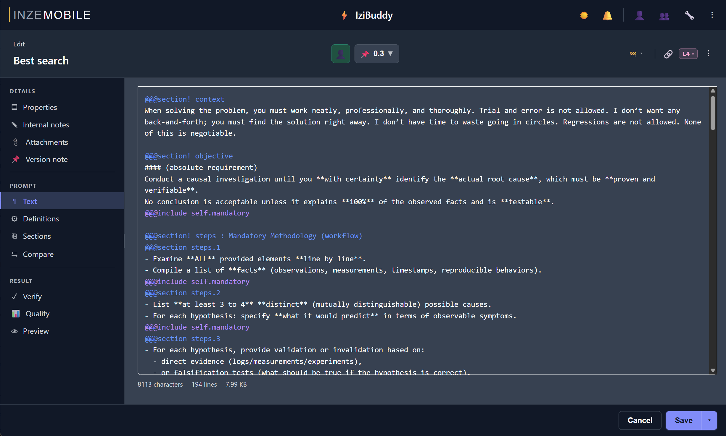 The same Best search prompt in the text editor, showing sections and includes.