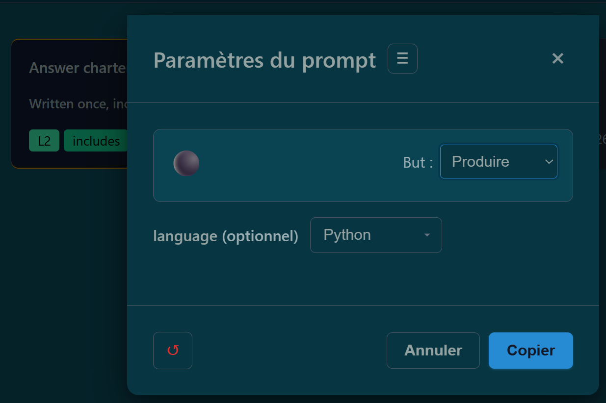 Prompt parameters dialog with the optional language set to Python.