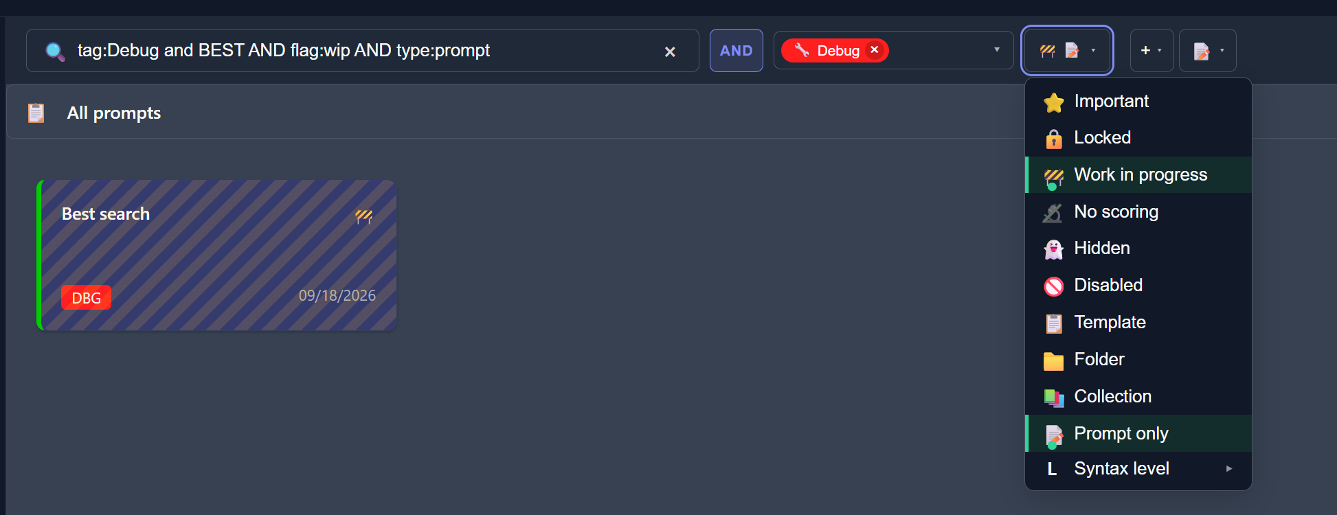 IziBuddy search with combined criteria and the status and type filter menu open.
